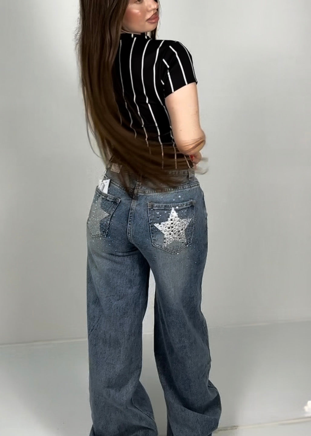 Jeans wide tasca stella brillantinata