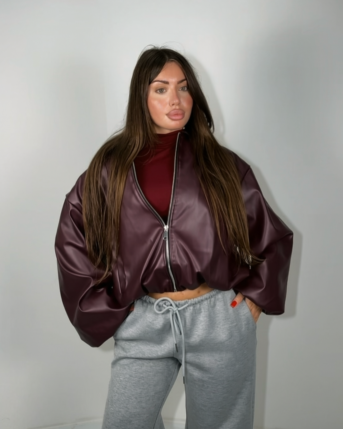 Bomber puffer pelle bordeaux donna