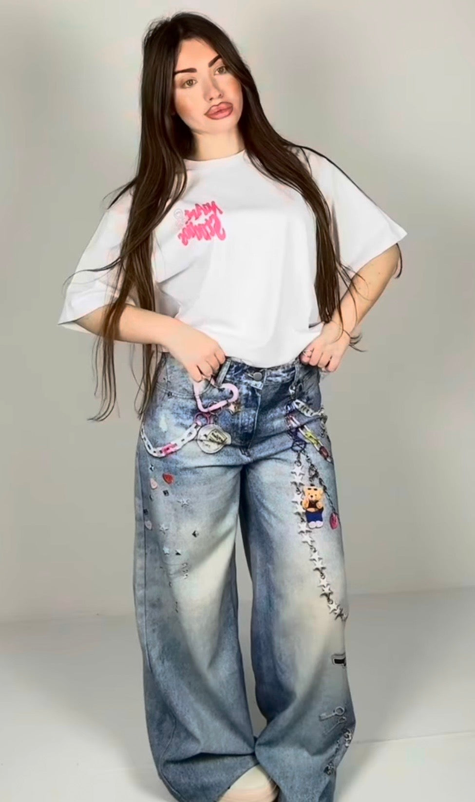 Jeans wide stampa catene