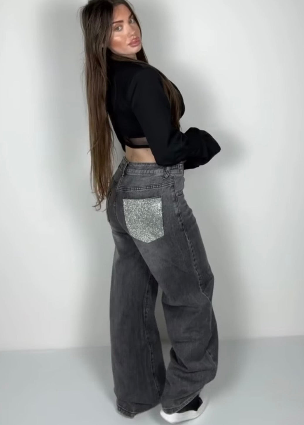 Jeans wide tasca brillantinata grigio