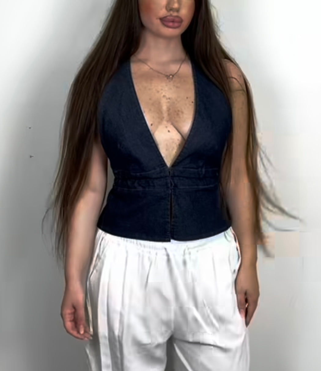 Top Denim allacciatura collo e schiena