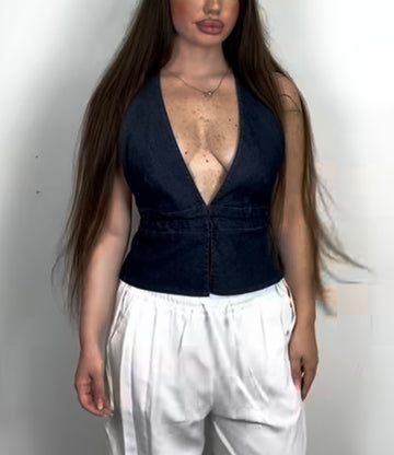 Top Denim allacciatura collo e schiena